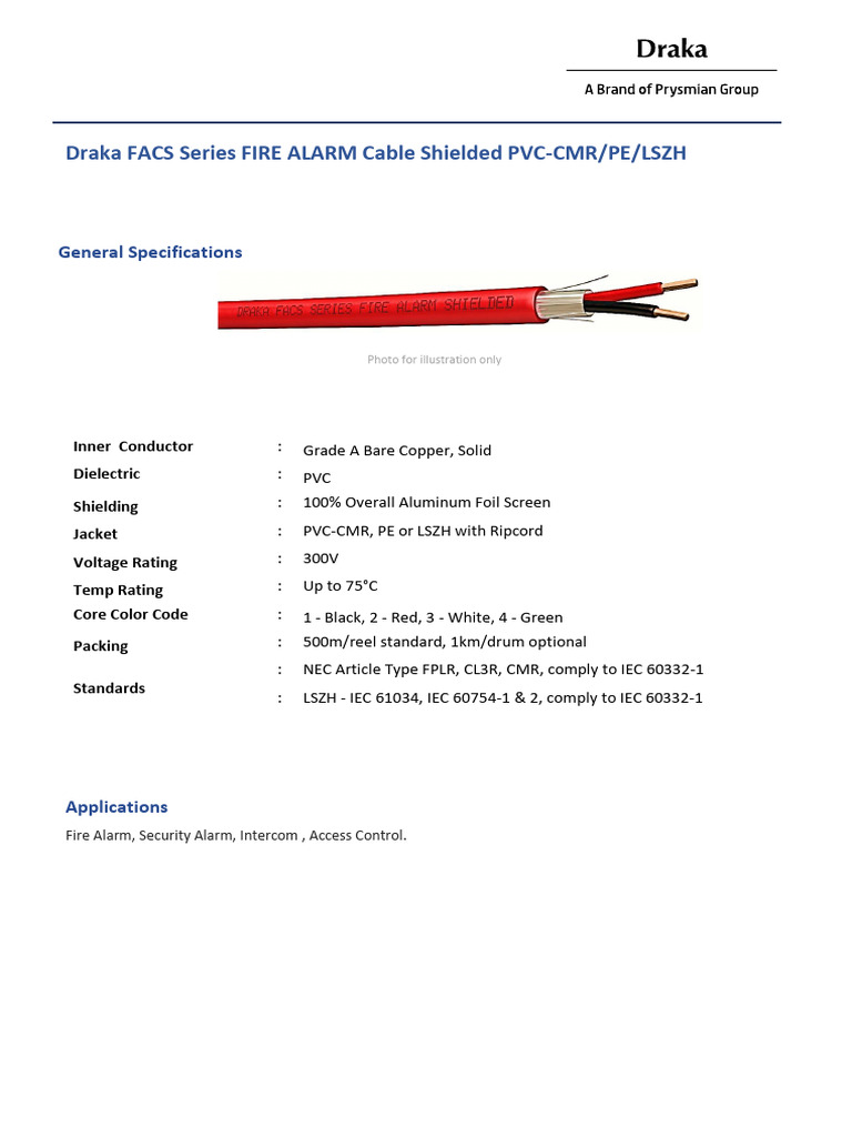 Draka Fire Alarm Cable Specifications | PDF | Insulator (Electricity ...