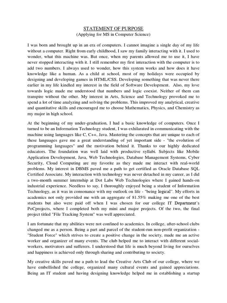 MS in Computer Science Statement of Purpose | PDF | Databases | Knowledge