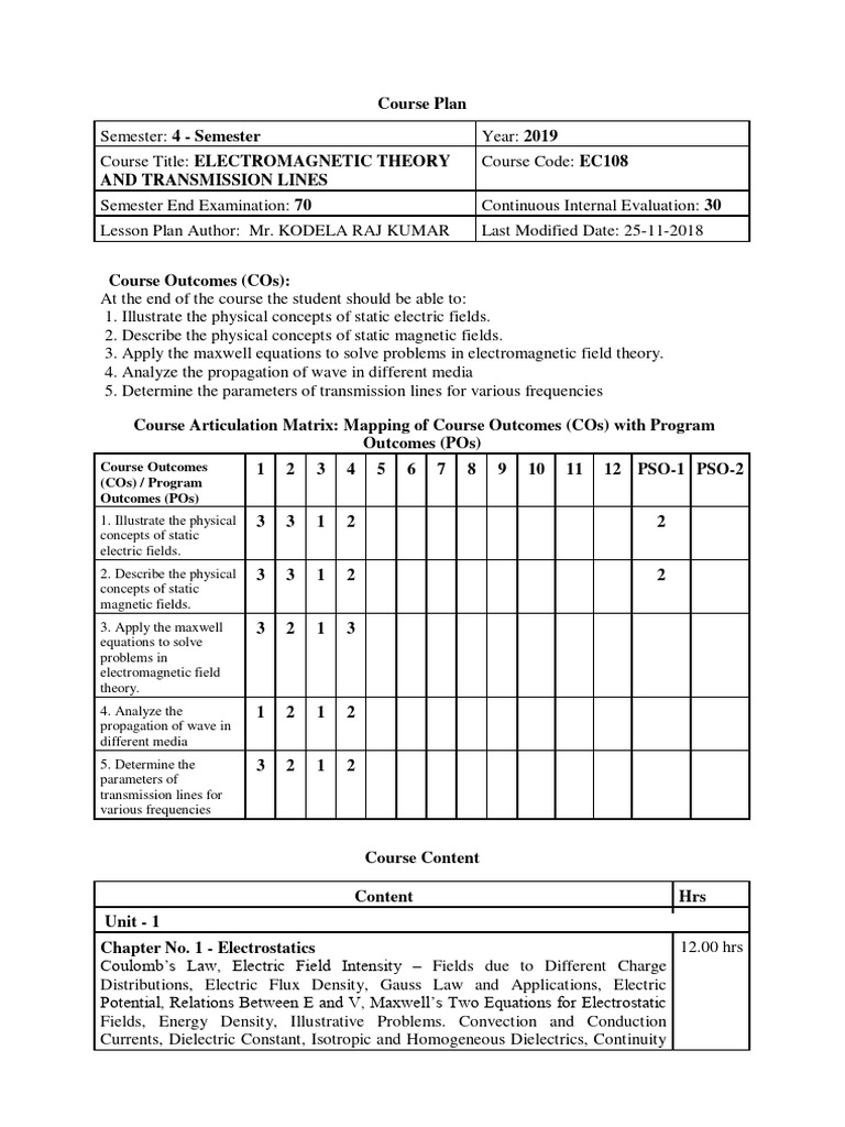 Ii Ii Electromagnetic Theory And Transmission Lines Course Plan