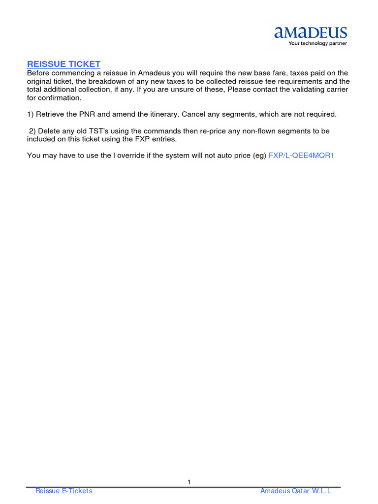 Amadeus E-Ticket Reissue Guide | PDF | Fare | Civil Aviation