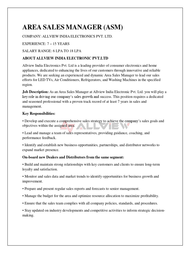 Area Sales Manager at Allview India | PDF | Sales | Salary