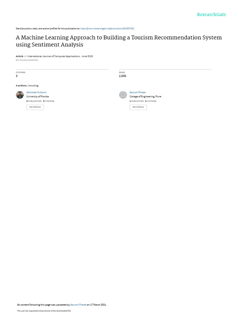 A Machine Learning Approach To Building A Tourism | PDF | Artificial ...