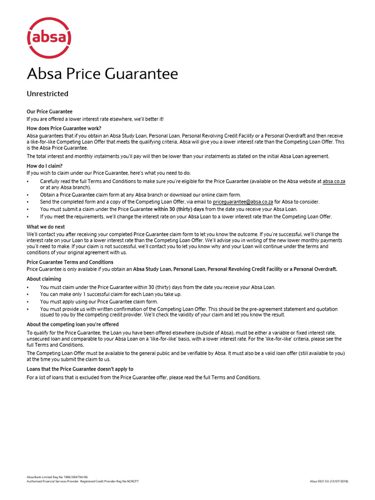 Absa Price Guarantee for Loans Explained | PDF | Loans | Interest
