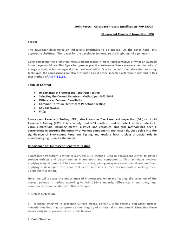 Rolls Royce FPI Process Overview | PDF | Nondestructive Testing ...