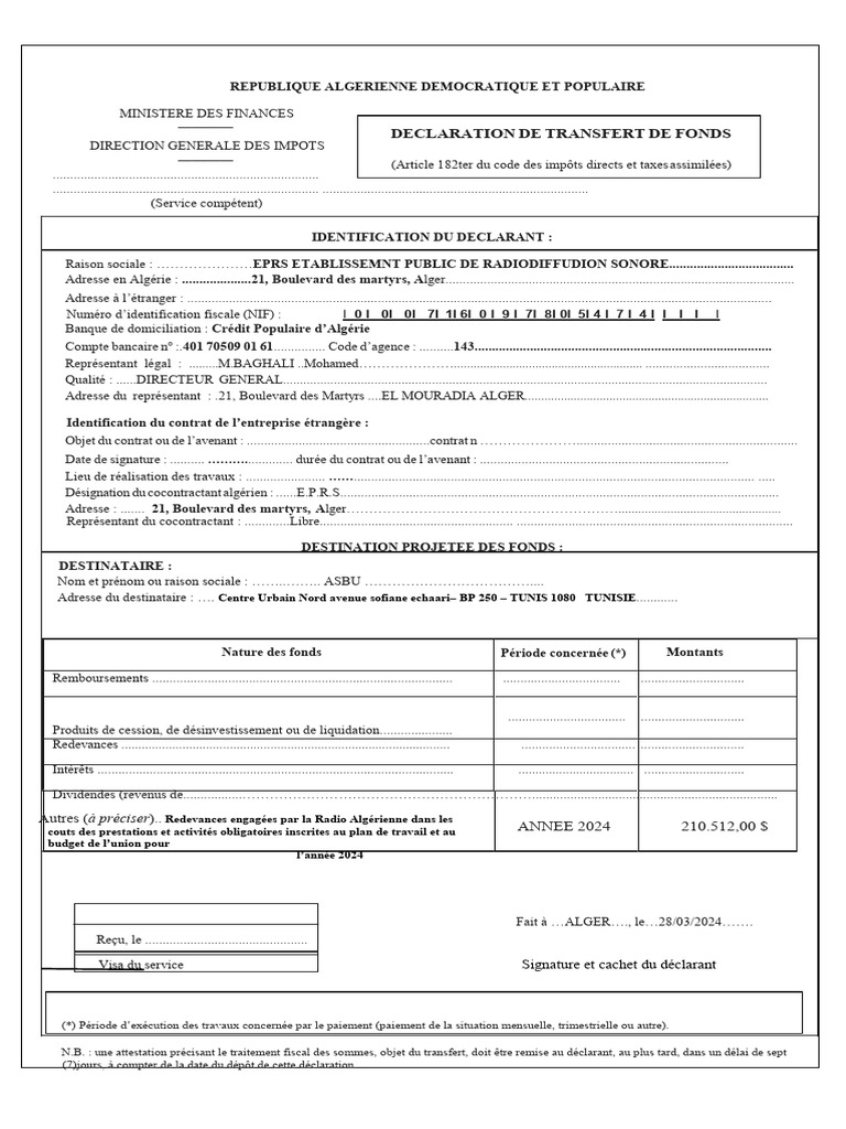 Demande de Transfert de Fonds Algérie | PDF | Impôts | Banques