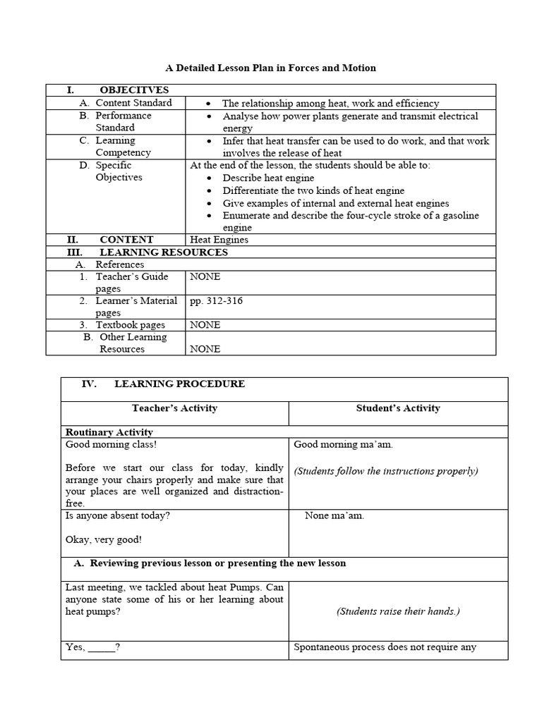 A Detailed Lesson Plan in Heat Engines | PDF | Engines | Internal ...