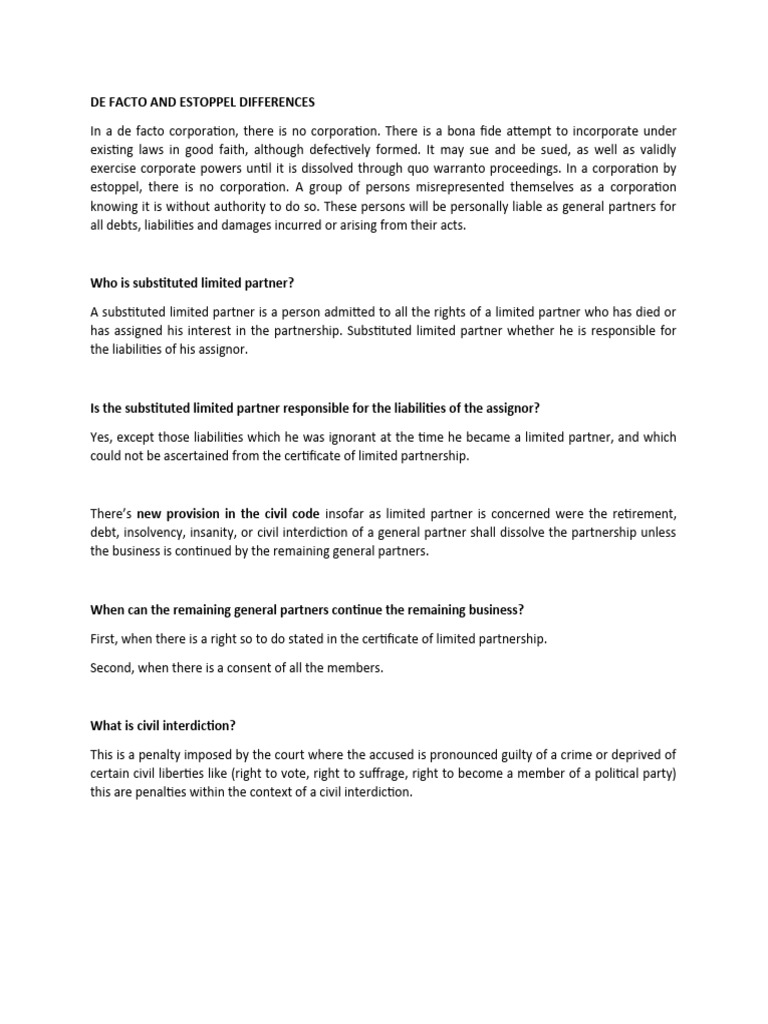 (Law) de Facto and Estoppel Differences PDF Limited Partnership