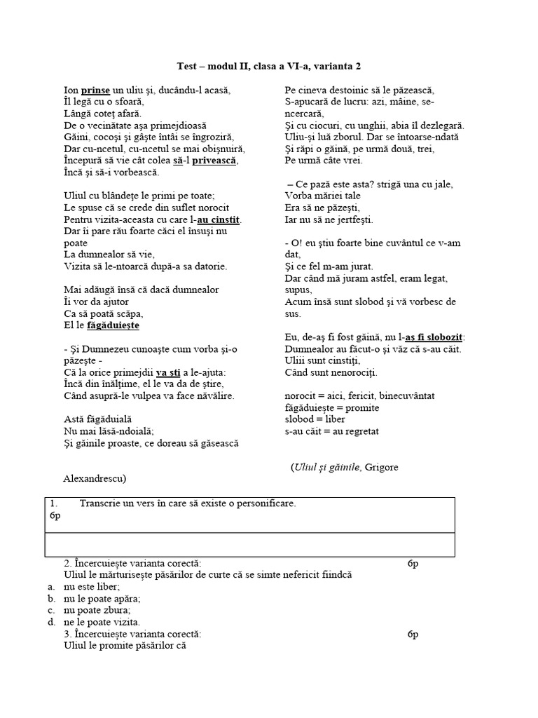 Test Clasa 6 Varianta 2 | PDF