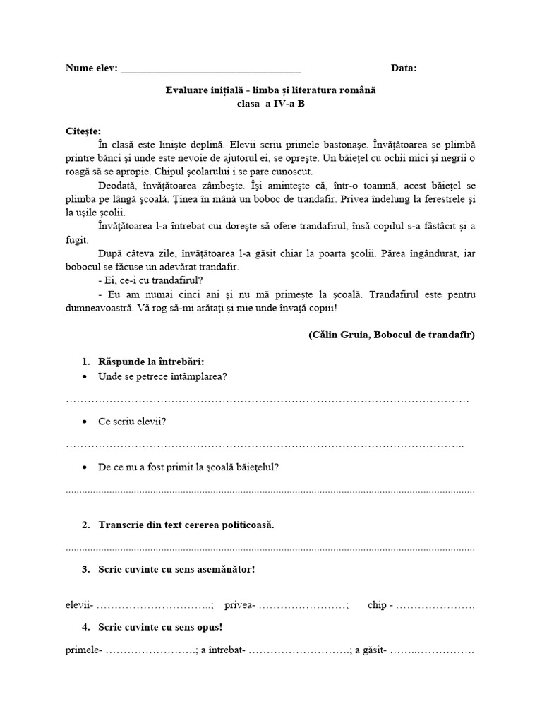 Evaluare Initiala Limba Romana IV B | PDF