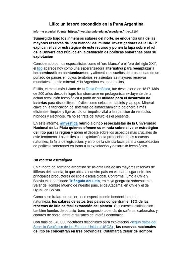 Litio en Argentina: Oportunidades y Desafíos | PDF | Litio | Materiales