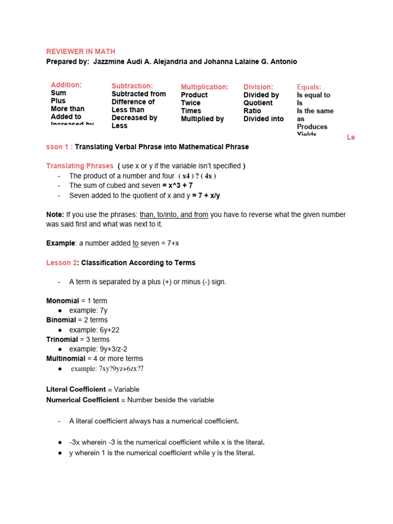 Math Phrase Translation and Polynomial Operations | PDF | Elementary ...