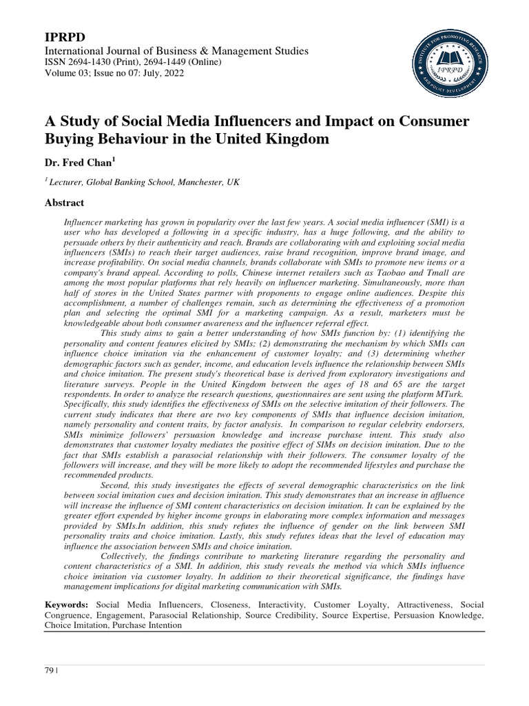 Chan (2020) A Study of Social Media Influencers and Impact On Consumer ...