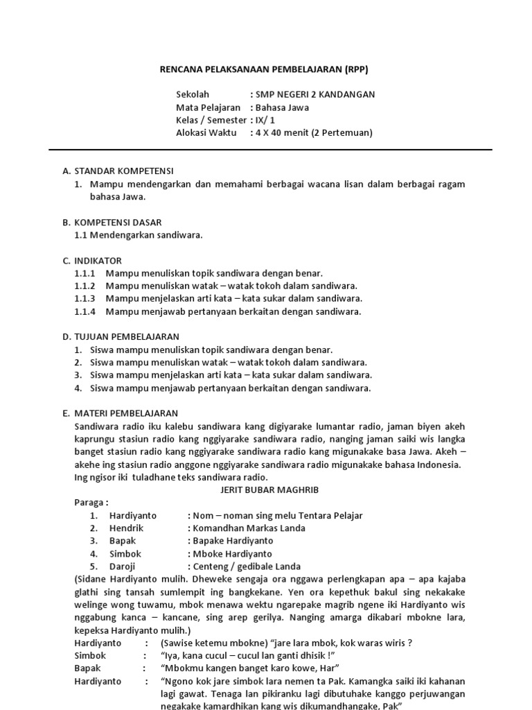 Rencan Pelaksanaan Pembelajaran Kelas Ix Semester 1