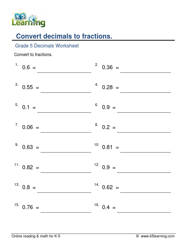 Grade 5 Decimals To Fractions No Simplify B Pdf