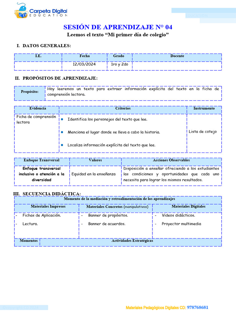 Sesión 4 - Leemos El Texto - Mi Primer Dia de Colegio - Iii Ciclo | PDF ...