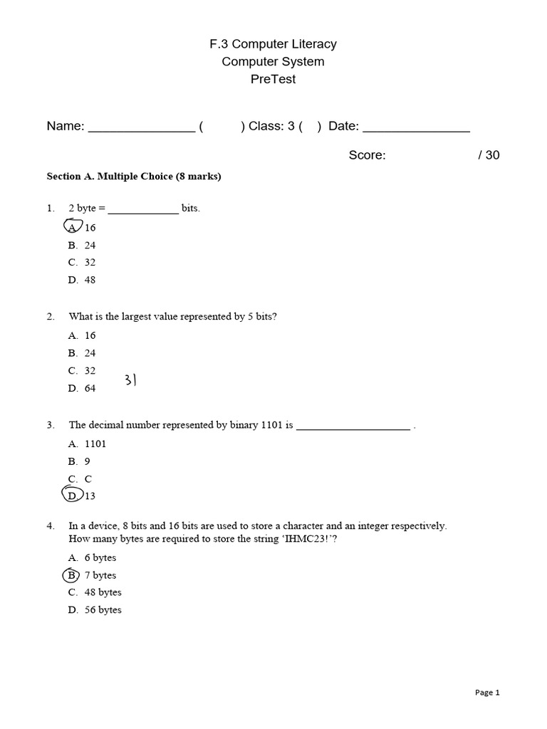 Pre Test | PDF | Bit | Computer File