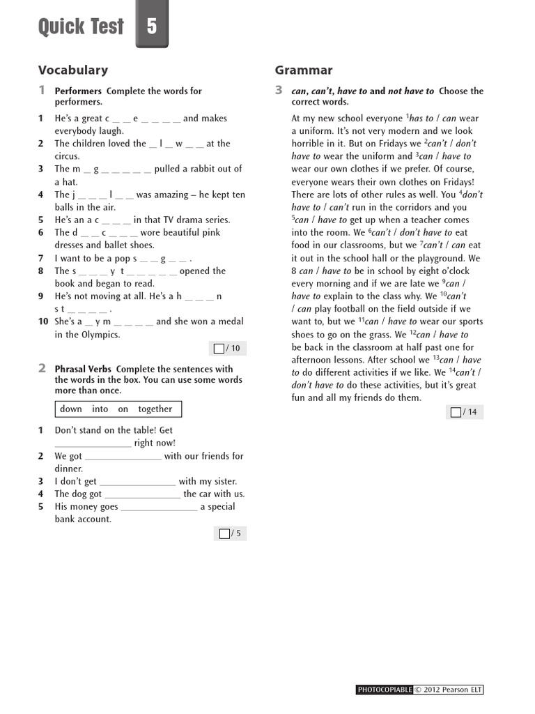 Vocabulary and Grammar Quick Test | PDF | Linguistic Typology ...