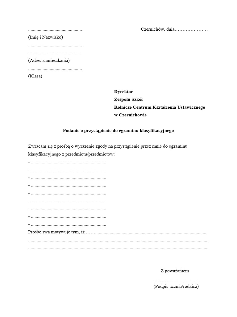 Podanie o Egzamin Klasyfikacyjny | PDF