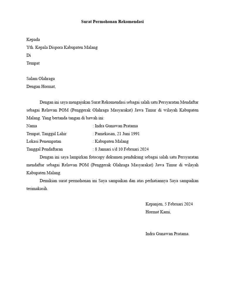 Surat Permohonan Rekomendasi | PDF