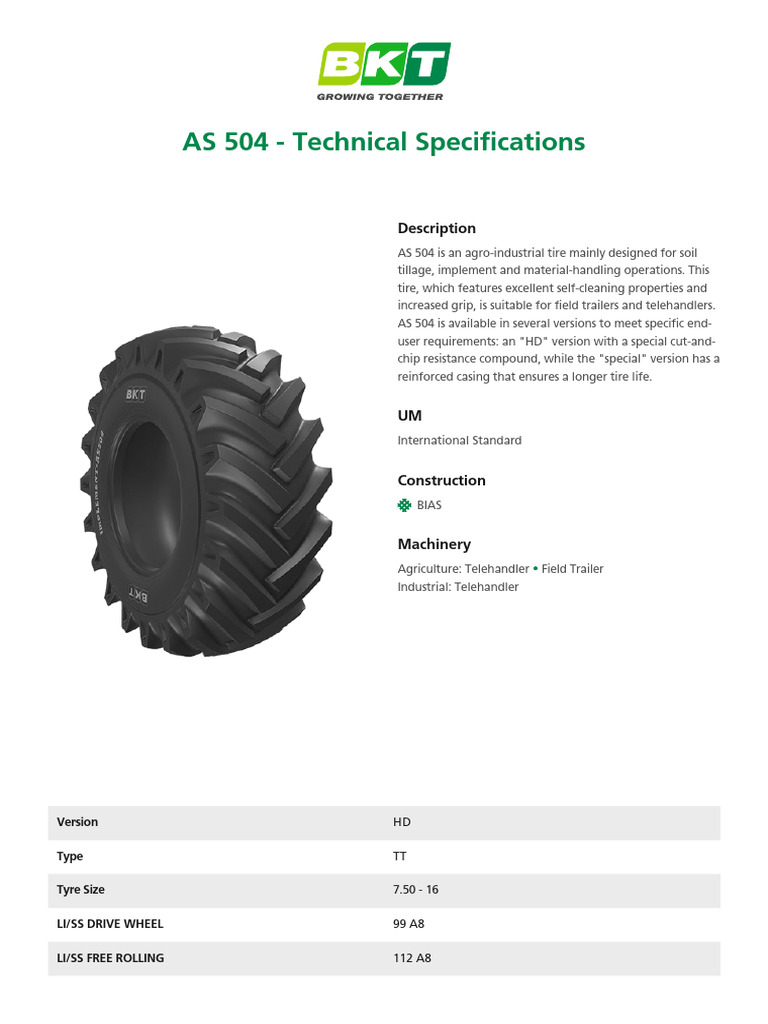 AS 504 - Technical Specifications: Description | PDF | Tire