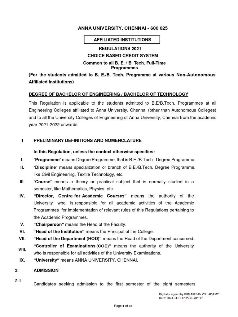 Anna University B.E./B.Tech Regulations 2021 | PDF | Academic Degree ...
