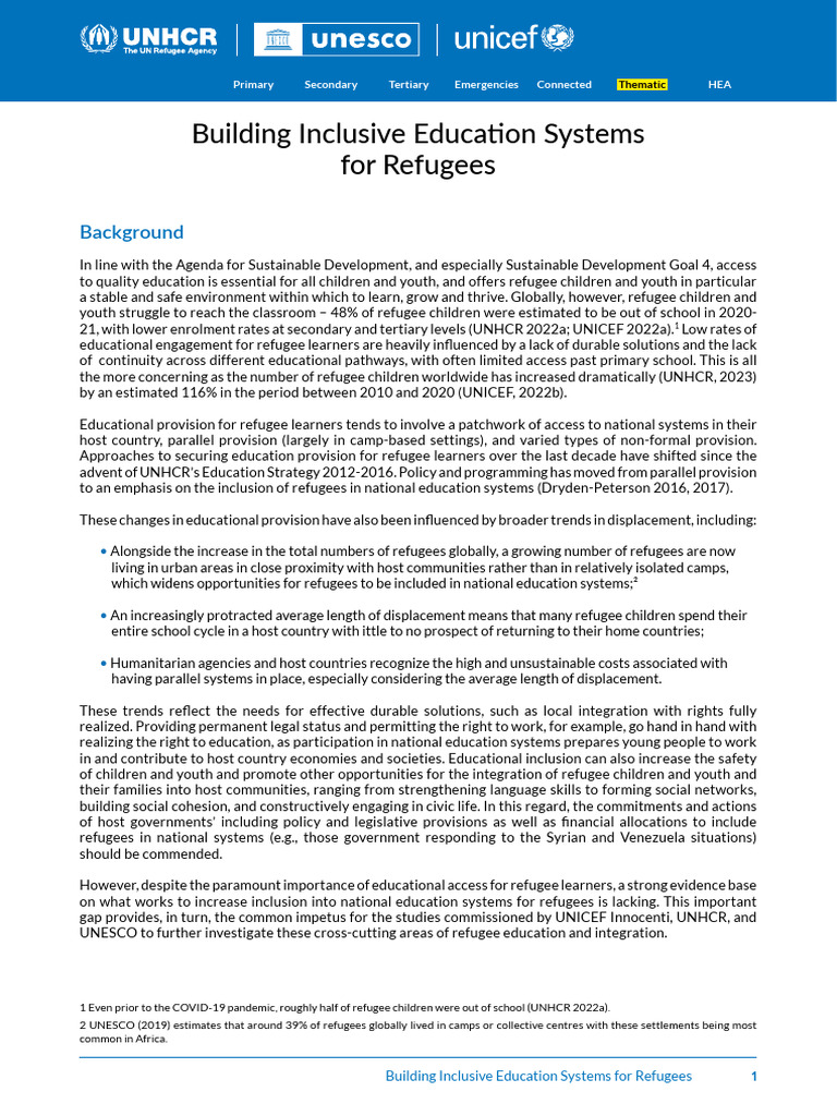 Inclusive Education for Refugees | PDF | Refugee | United Nations High ...