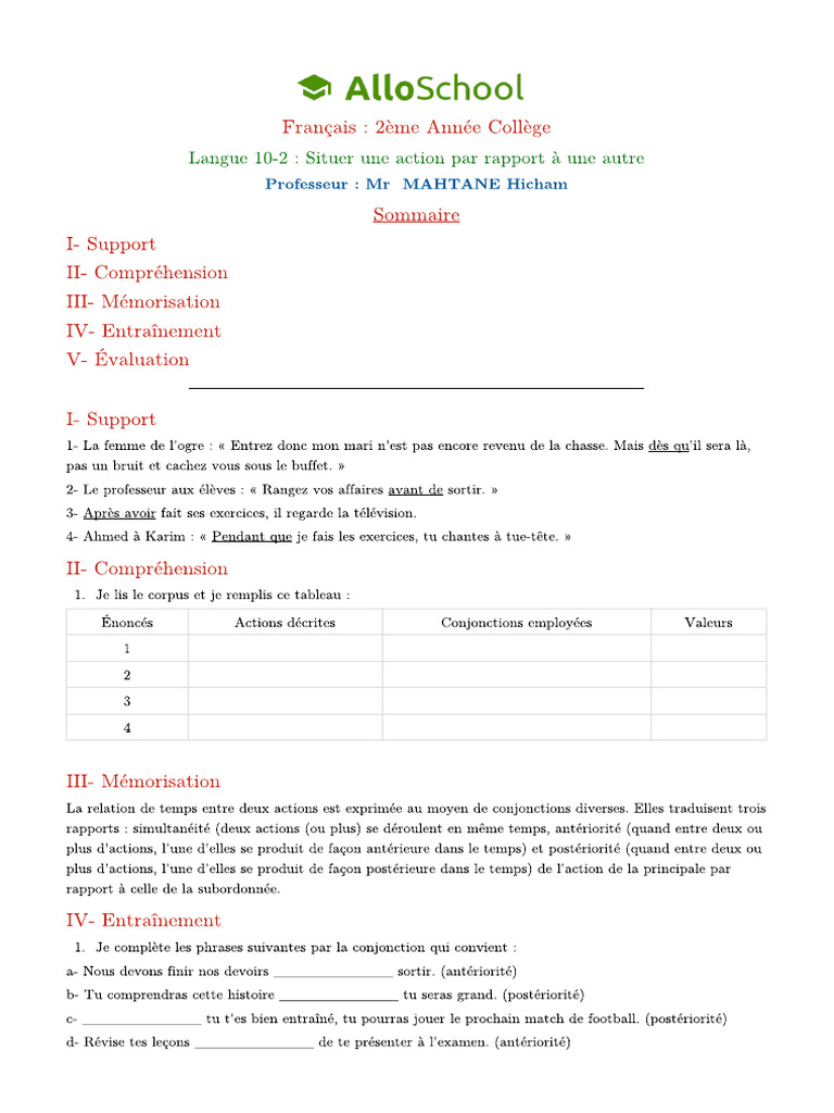 Langue 10 2 Situer Une Action Par Rapport A Une Autre 2 | PDF