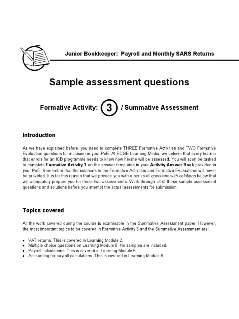 Sample Assessment Questions: Formative Activity: / Summative Assessment ...