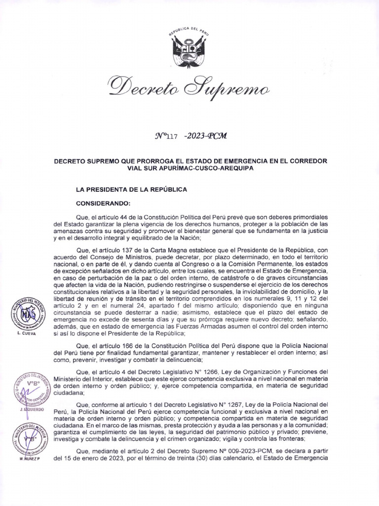 DS 117-2023-PCM Prorrogan Emergencia | PDF