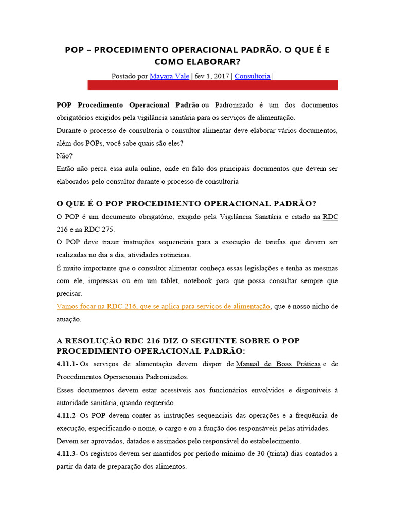 Como Elaborar POP para Serviços de Alimentação | PDF | Informação ...