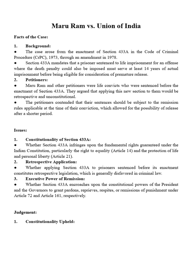 Maru Ram vs. Union of India Case Summary | PDF | Pardon | Ex Post Facto Law