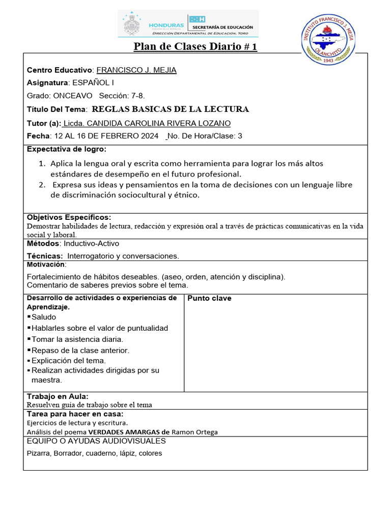 Plan de Clases ONCEAVO 2024 | PDF | Comprensión lectora | Evaluación
