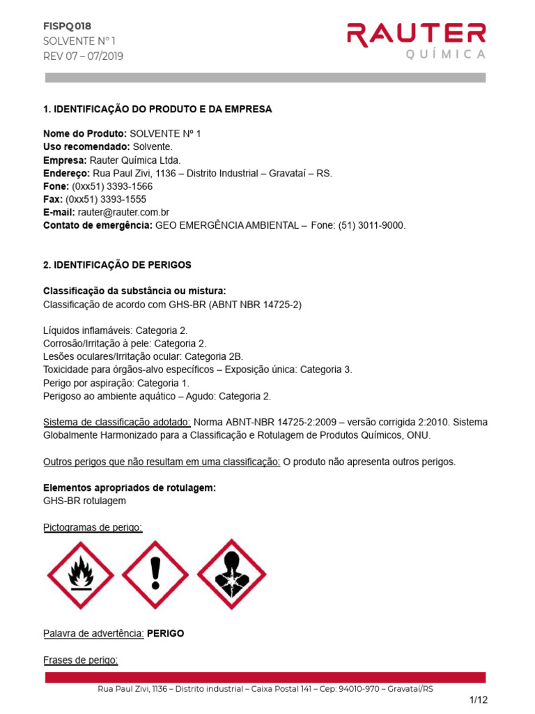 FISPQ Solvente Nº 1 - Rauter Química | PDF | Solvente | Solubilidade