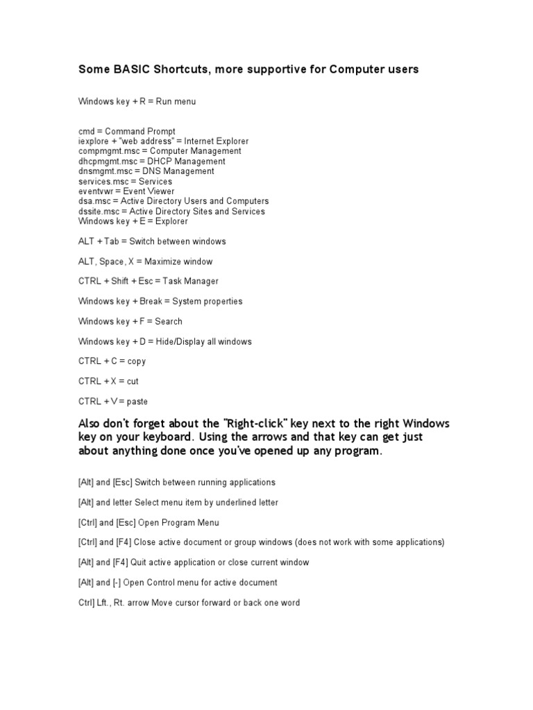 Some BASIC Shortcuts | PDF | Control Key | Microsoft Windows