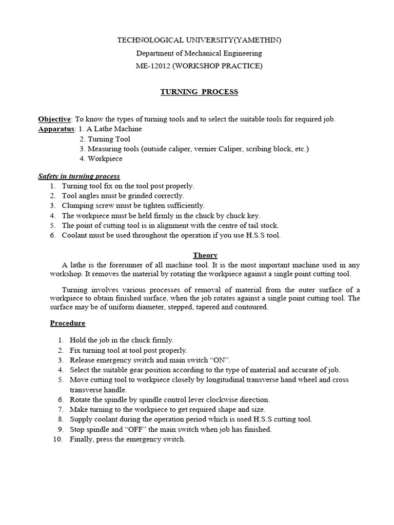 Turning Process in Lathe Machine | PDF