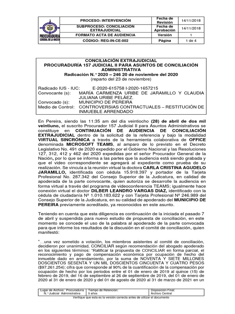 Acta Continuación Aud. Conciliación Con Acuerdo Parcial Rad. 2020-246 ...