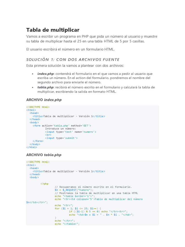 Tabla de multiplicar PHP | PDF