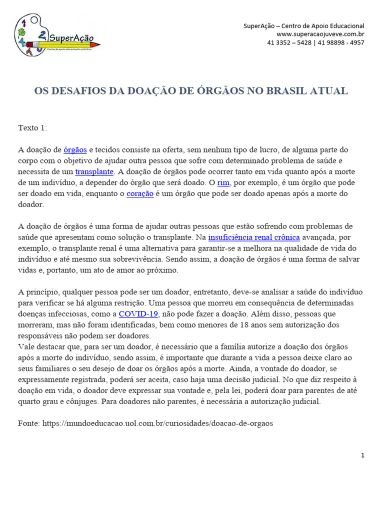 Redação Doação de Órgãos | PDF | Doação de órgãos | Transplante de órgãos