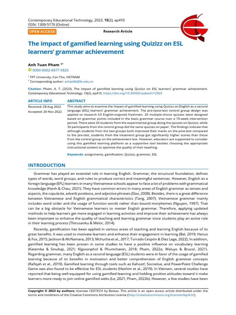 The Impact of Gamified Learning Using Quizizz On Esl Learners Grammar ...