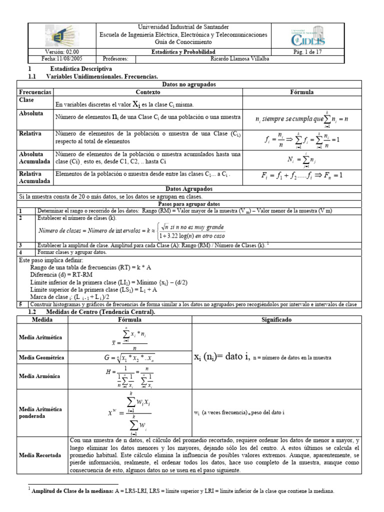Guía de Estadística Descriptiva UIS | PDF | Teoría de probabilidad ...