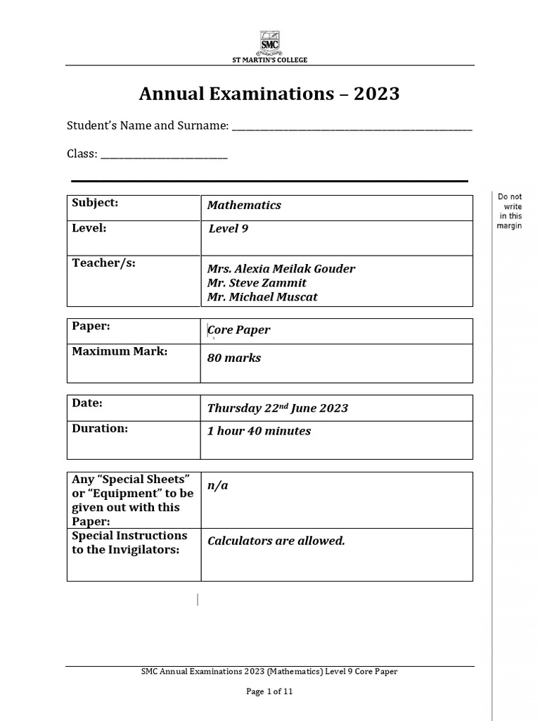 Annual examinations 2023 mathematics level 9 core paper pdf area