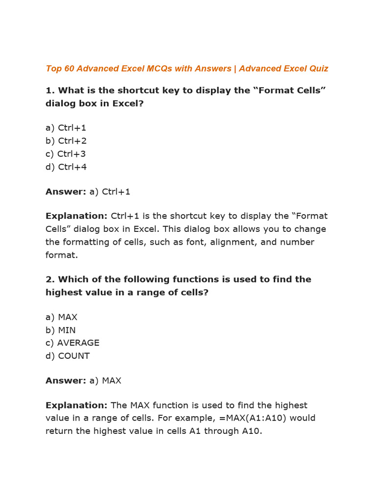 Top 60 advanced excel mcqs with answers download free pdf microsoft