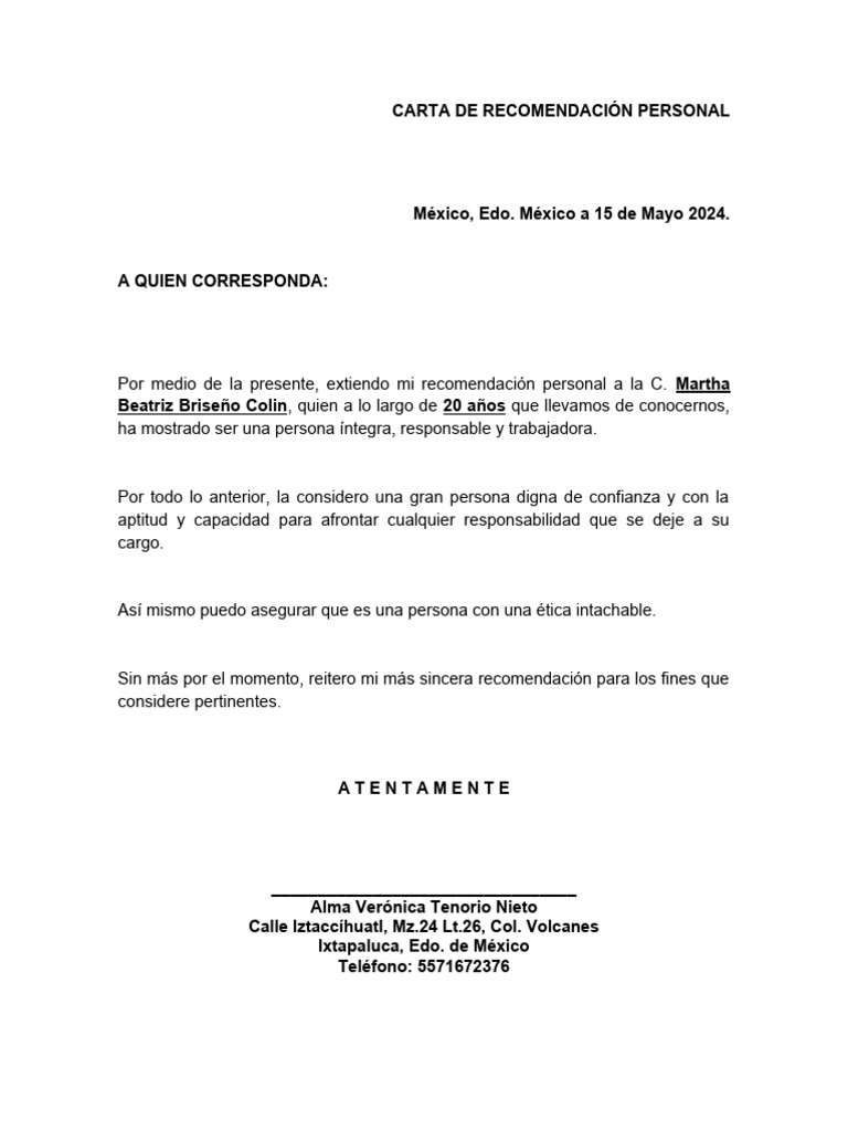 Carta de Recomendación para Martha Briseño | PDF | Ciencias sociales ...
