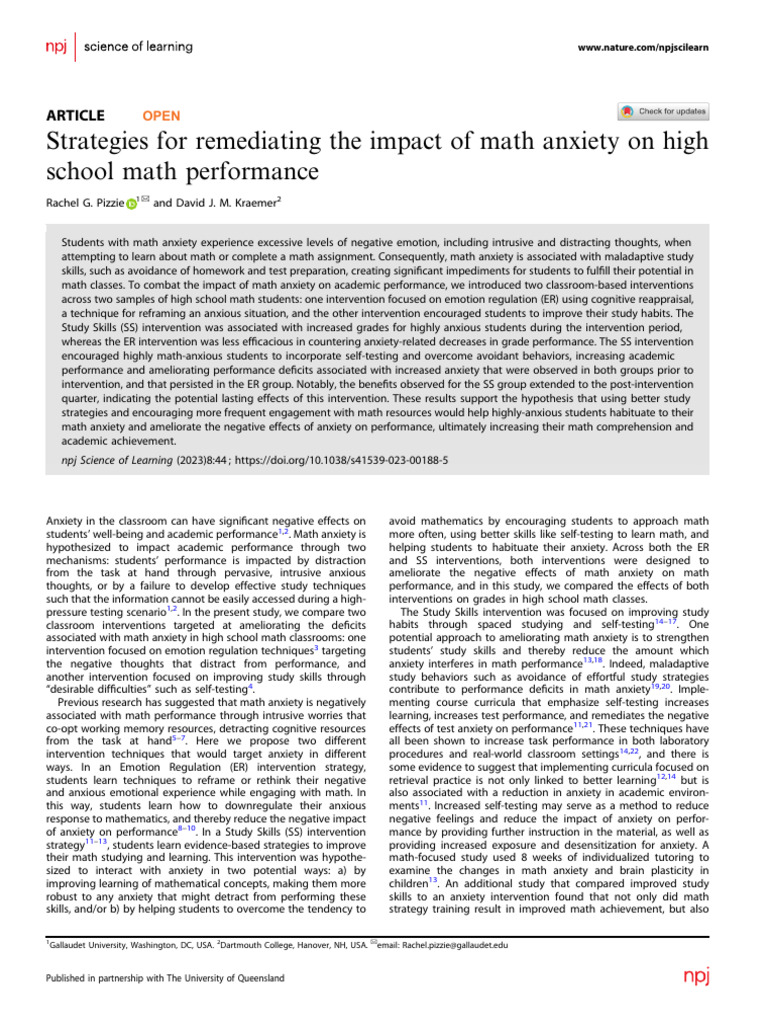 Strategies to Reduce Math Anxiety in Students | PDF | Anxiety | Study ...