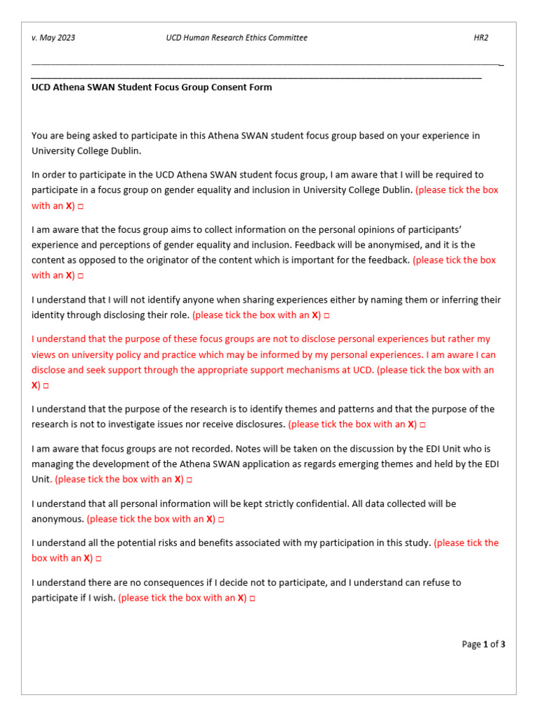 UCD Athena SWAN Student Focus Group Consent Form | PDF | Focus Group ...