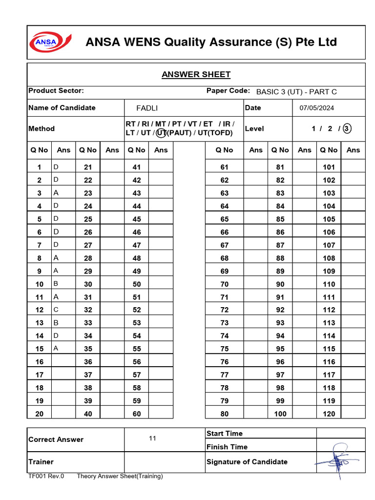 Training Theory Answer Sheet | PDF