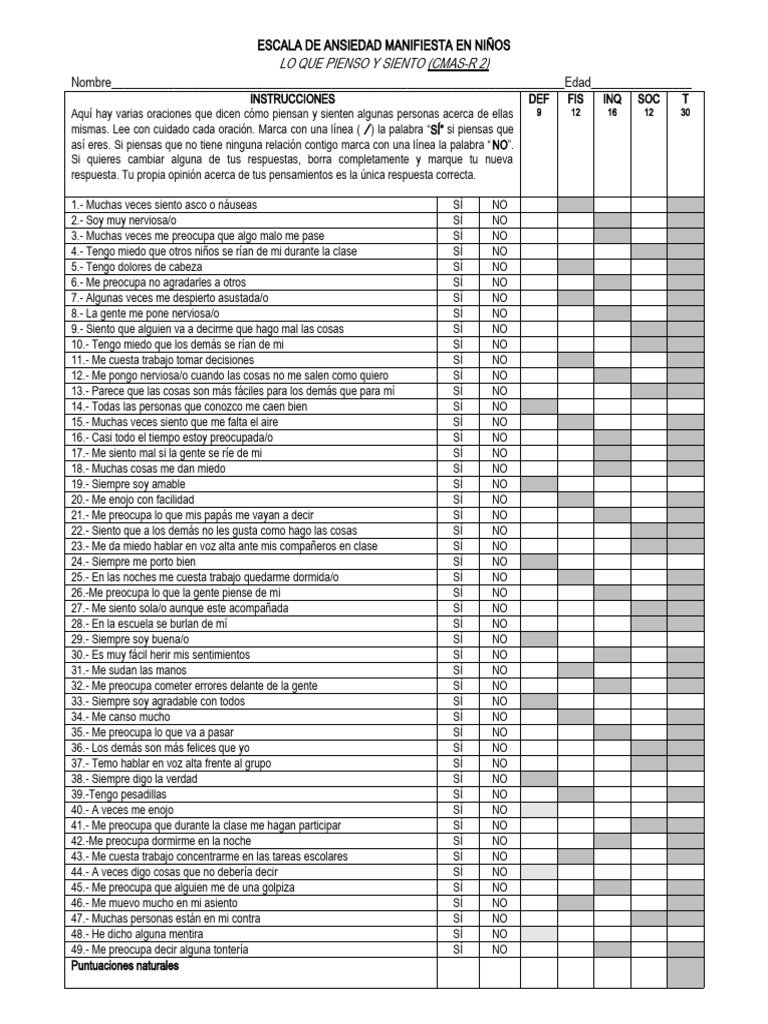 Escala de Ansiedad Infantil CMAS-R2 | PDF