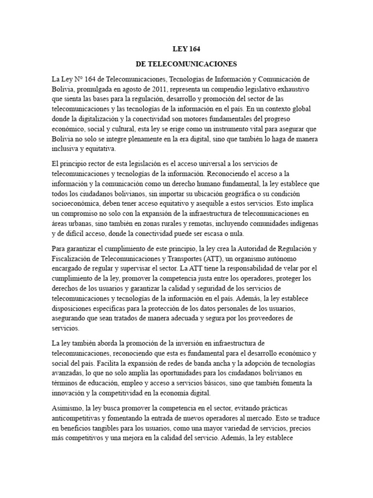 LEY 164 de Telecomunicaciones | PDF | Telecomunicaciones | Bolivia