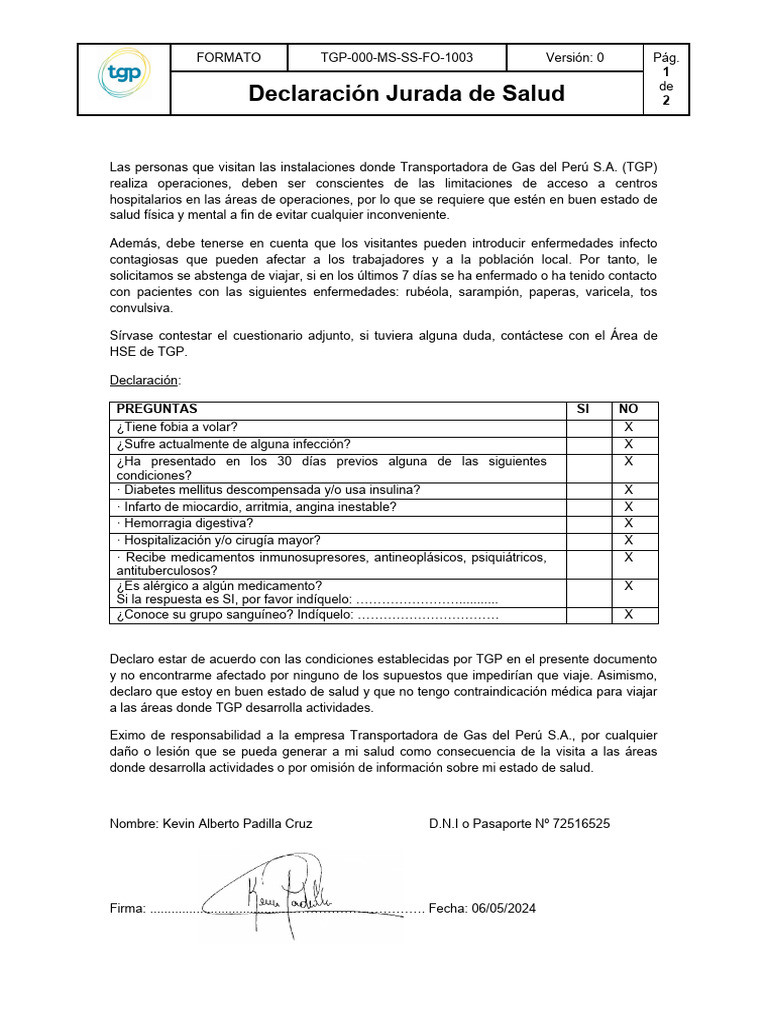 Declaracion Jurada de Salud | PDF | Medicina CLINICA | Causas de la muerte