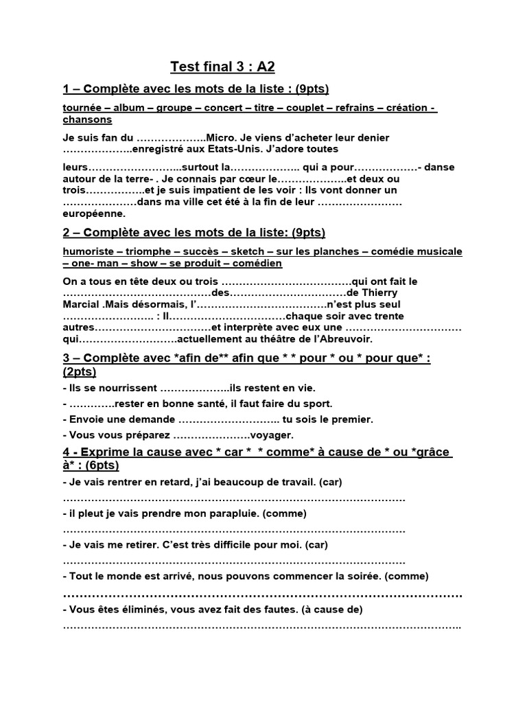 Test Final 3 A2 | PDF | Sujet (Grammaire)